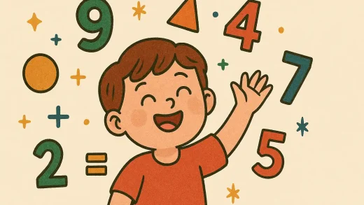 A child enjoying math with colorful numbers and shapes floating around.