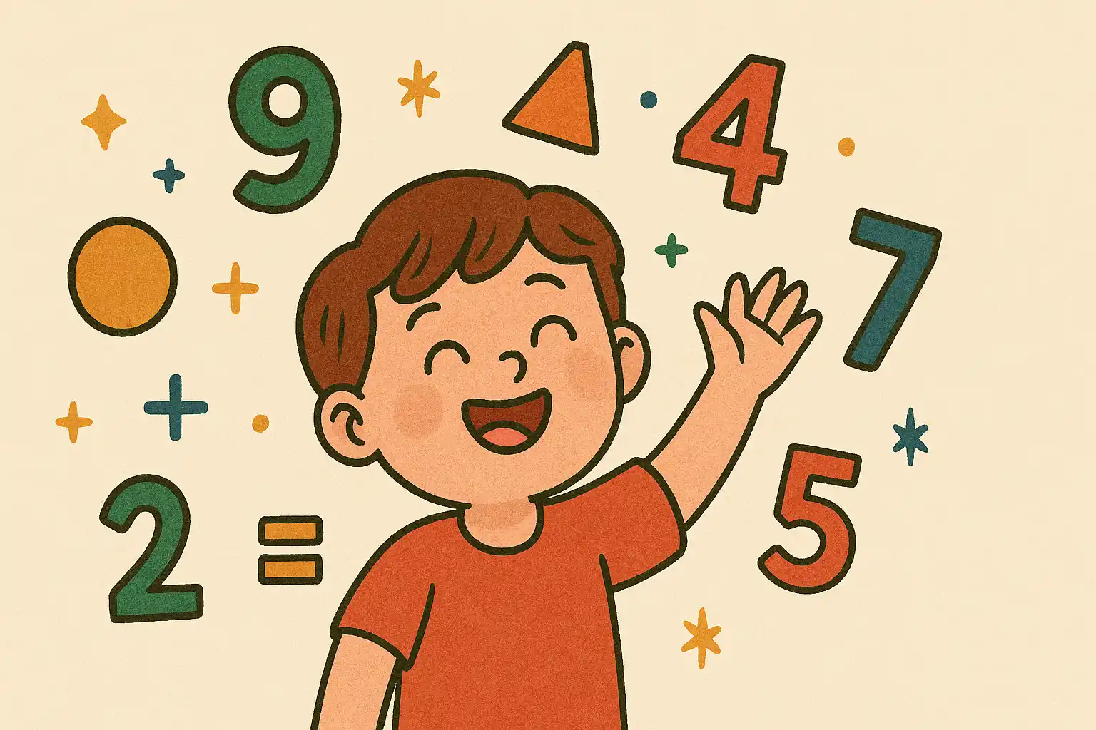 A child enjoying math with colorful numbers and shapes floating around.