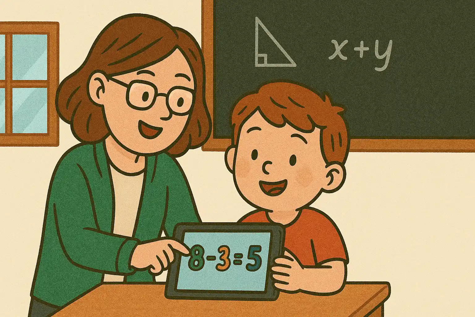 A teacher guiding a child on a tablet within a school setting.