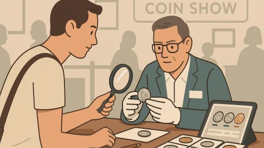 A collector is chatting with a coin dealer.