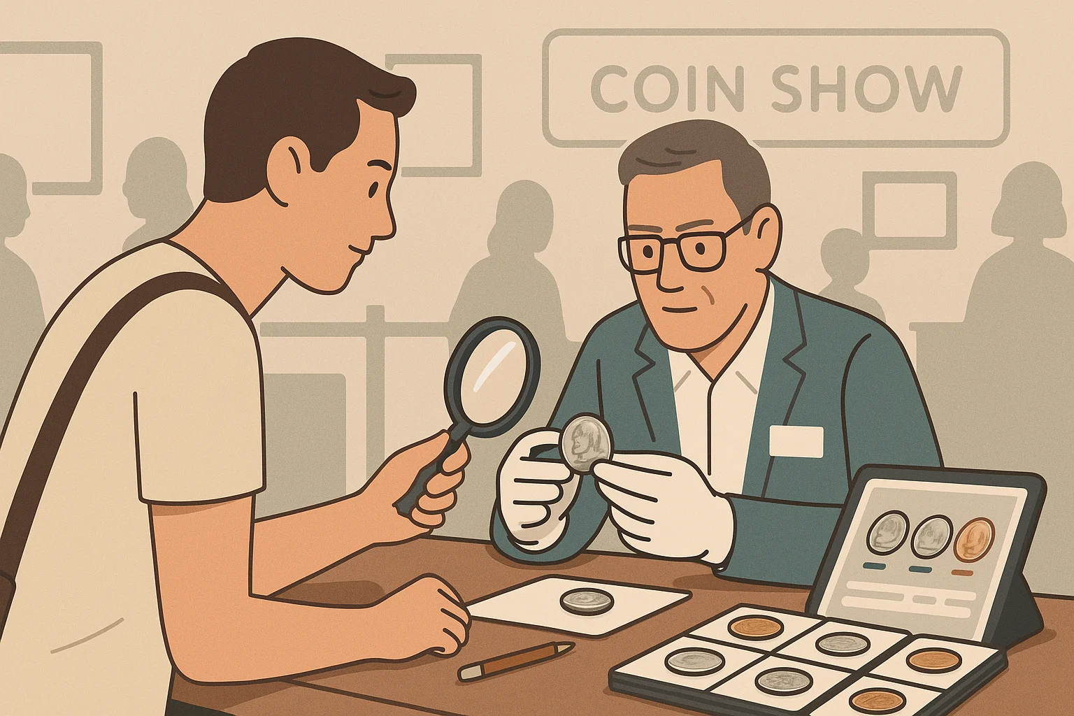 A collector is chatting with a coin dealer.