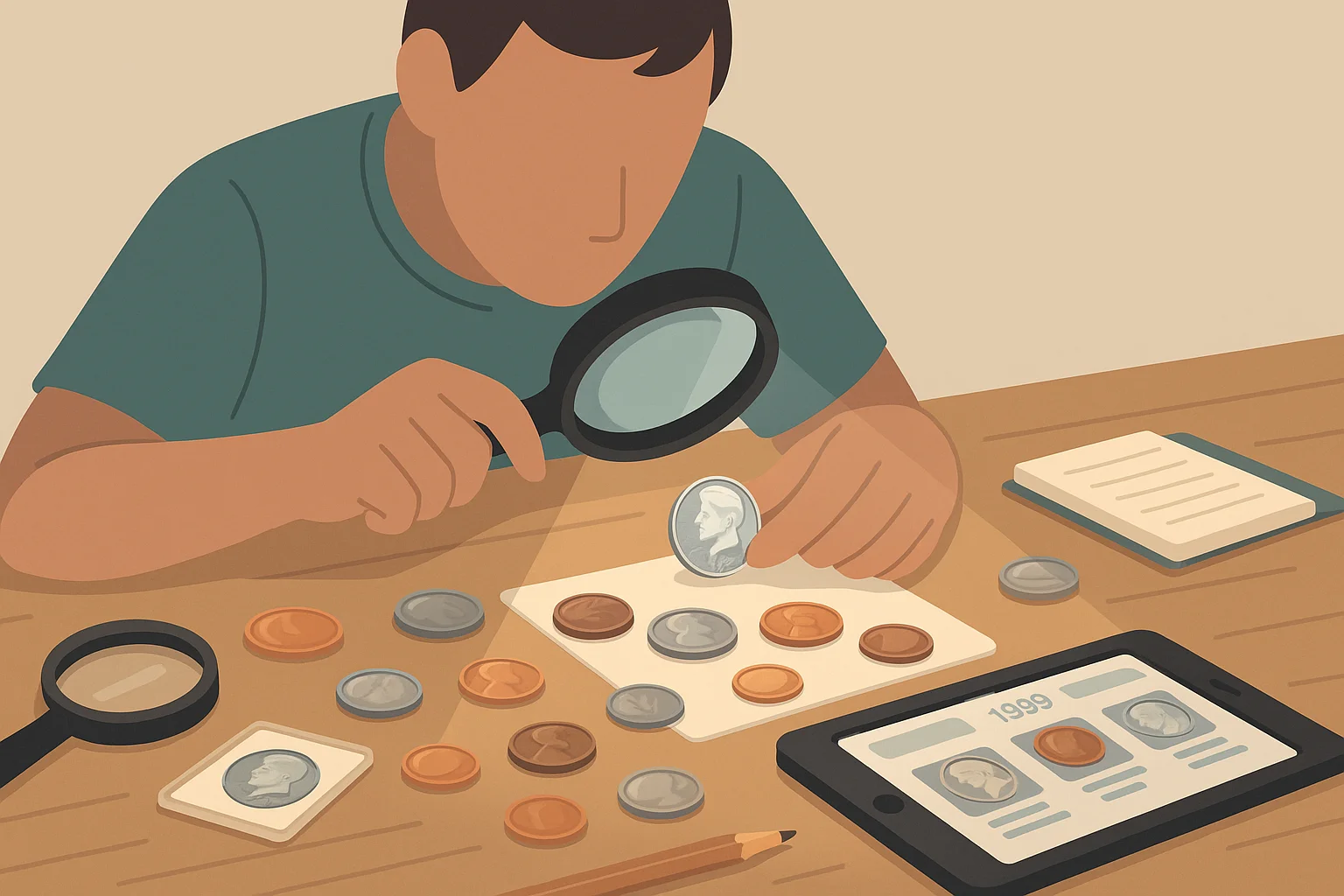 A collector examines coins via magnifying glass.