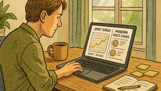 A coin investor reviews price charts at the home office.