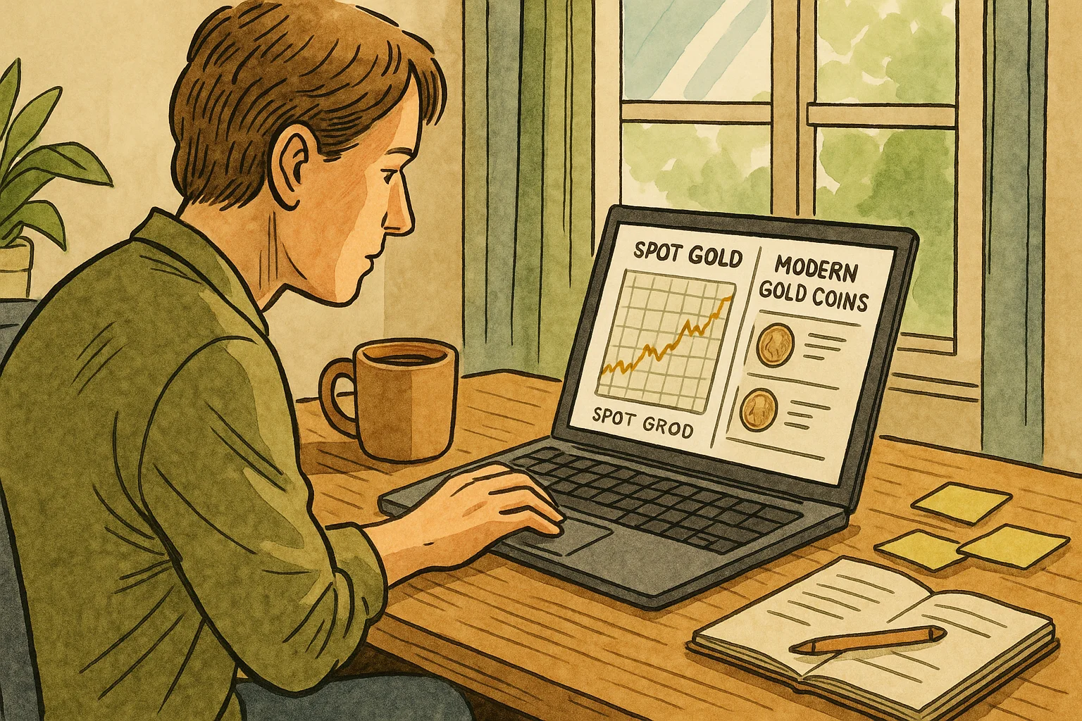 A coin investor reviews price charts at the home office.