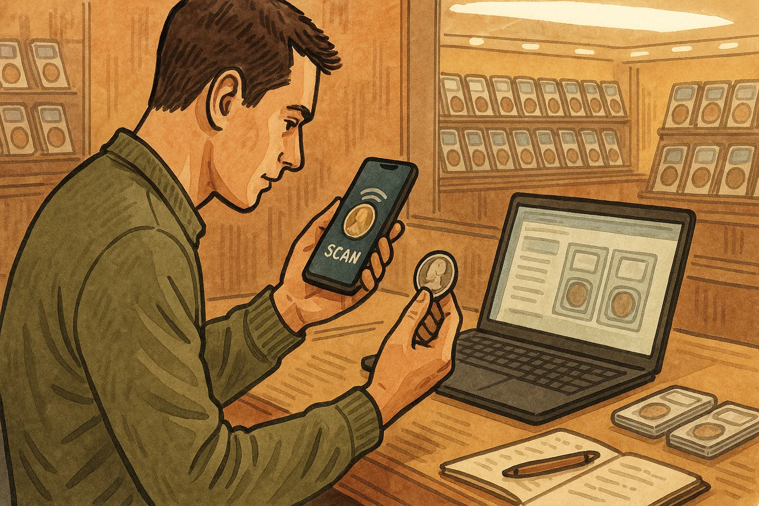 A collector scans a coin via the smart numismatic app at his home office.